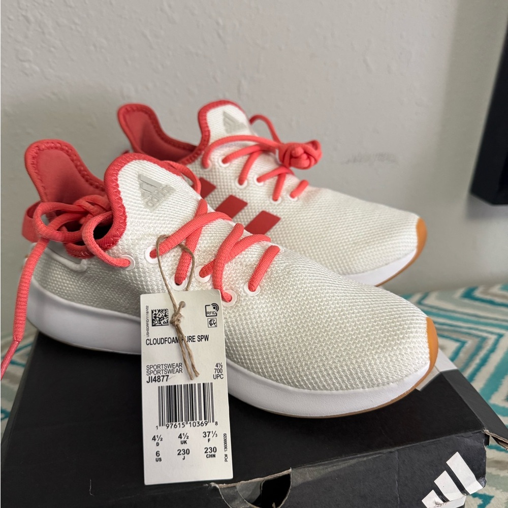 Adidas Cloudfoam Pure White and Pink Shoes